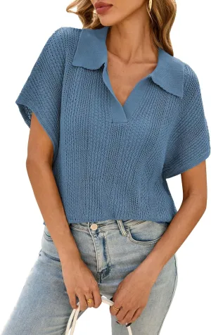 Cakulo Spring Summer Crochet Tops for Women 2025 Crop Knit Short Sleeve Polo V Neck Collared Hollow Out Sweater Top