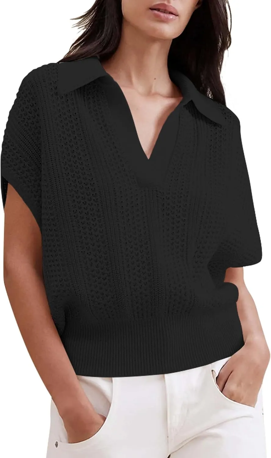 Cakulo Spring Summer Crochet Tops for Women 2025 Crop Knit Short Sleeve Polo V Neck Collared Hollow Out Sweater Top