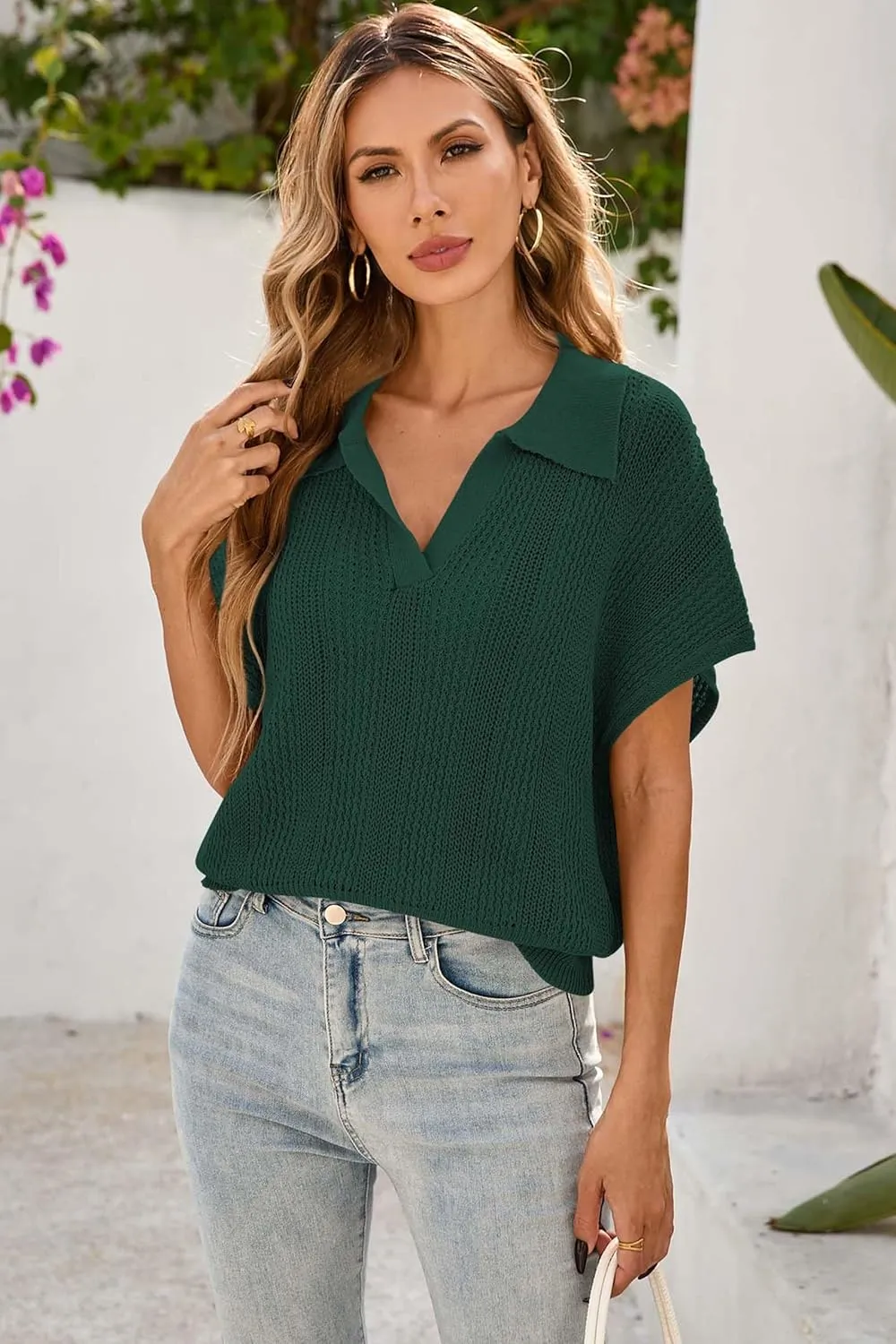 Cakulo Spring Summer Crochet Tops for Women 2025 Crop Knit Short Sleeve Polo V Neck Collared Hollow Out Sweater Top