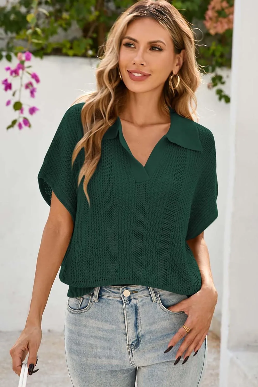 Cakulo Spring Summer Crochet Tops for Women 2025 Crop Knit Short Sleeve Polo V Neck Collared Hollow Out Sweater Top