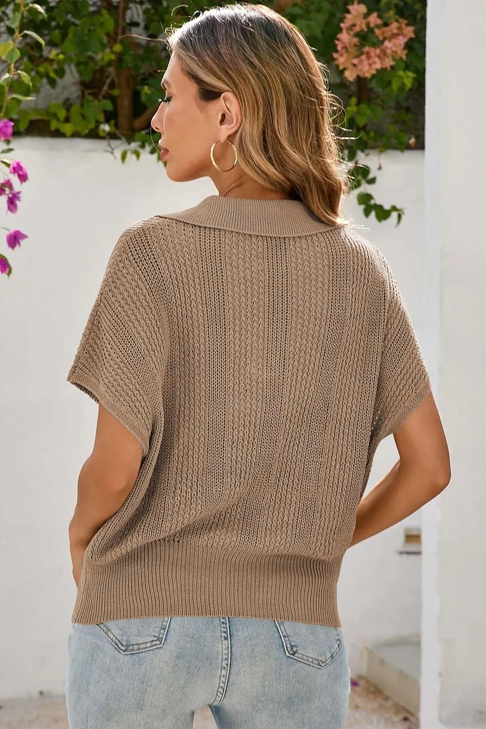 Cakulo Spring Summer Crochet Tops for Women 2025 Crop Knit Short Sleeve Polo V Neck Collared Hollow Out Sweater Top