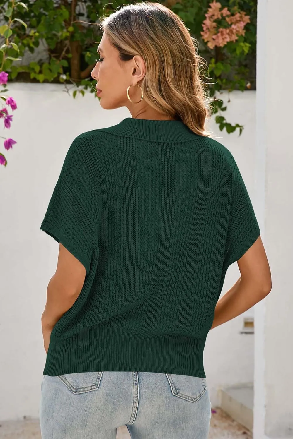 Cakulo Spring Summer Crochet Tops for Women 2025 Crop Knit Short Sleeve Polo V Neck Collared Hollow Out Sweater Top