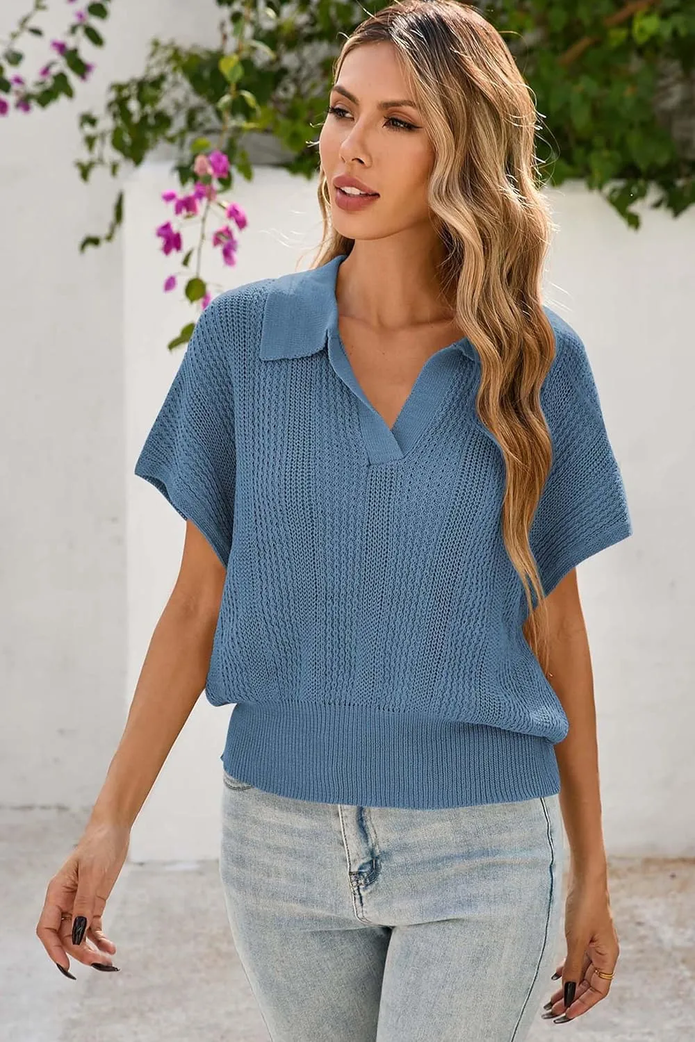 Cakulo Spring Summer Crochet Tops for Women 2025 Crop Knit Short Sleeve Polo V Neck Collared Hollow Out Sweater Top