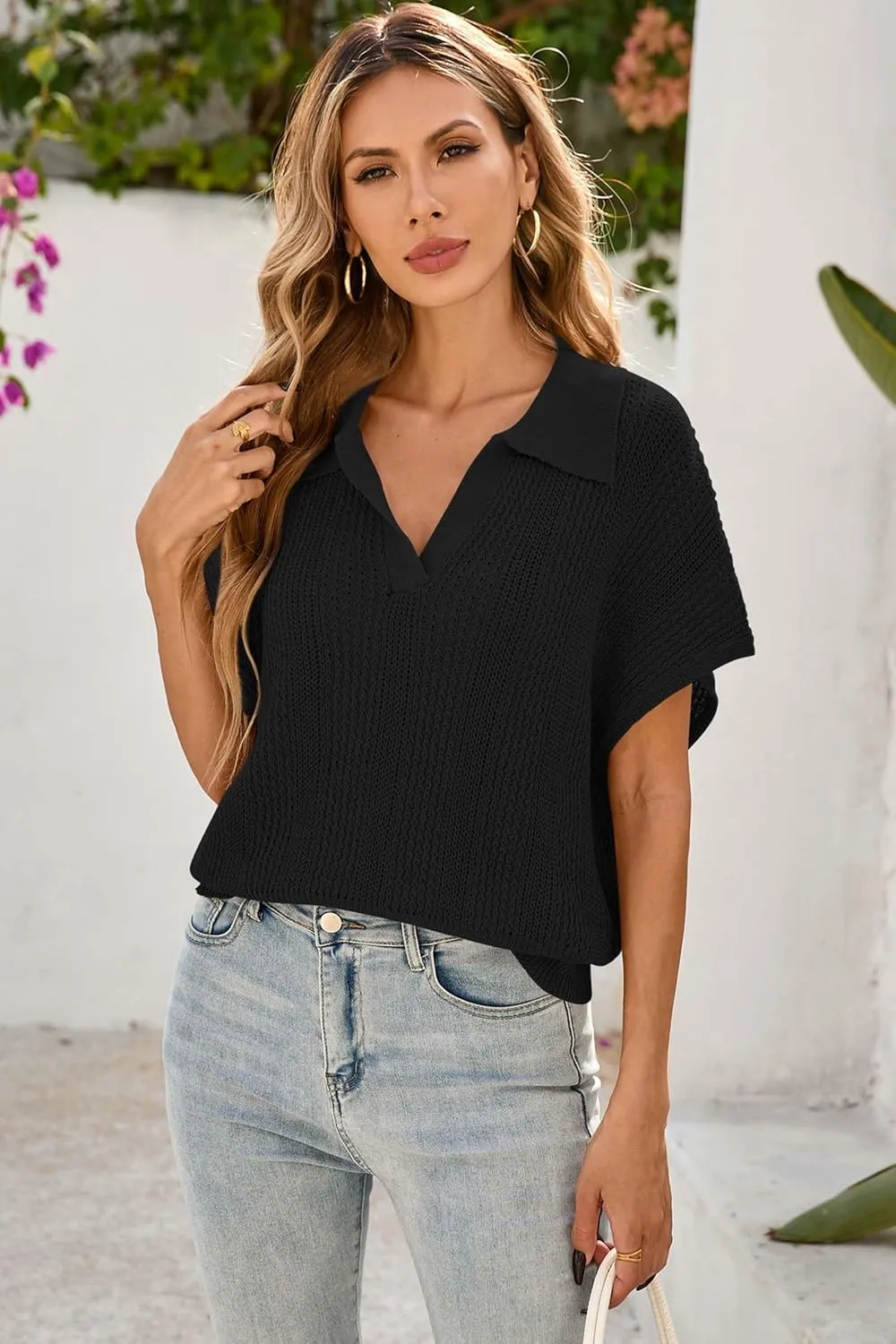 Cakulo Spring Summer Crochet Tops for Women 2025 Crop Knit Short Sleeve Polo V Neck Collared Hollow Out Sweater Top