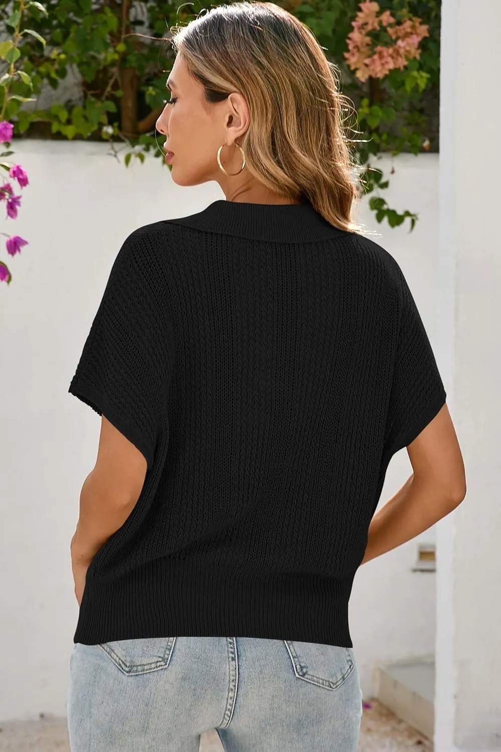 Cakulo Spring Summer Crochet Tops for Women 2025 Crop Knit Short Sleeve Polo V Neck Collared Hollow Out Sweater Top