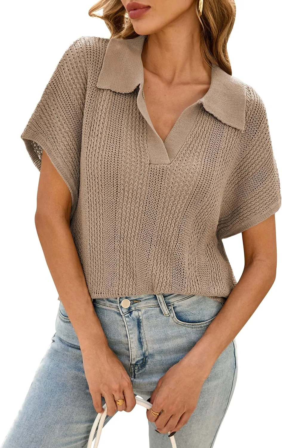 Cakulo Spring Summer Crochet Tops for Women 2025 Crop Knit Short Sleeve Polo V Neck Collared Hollow Out Sweater Top