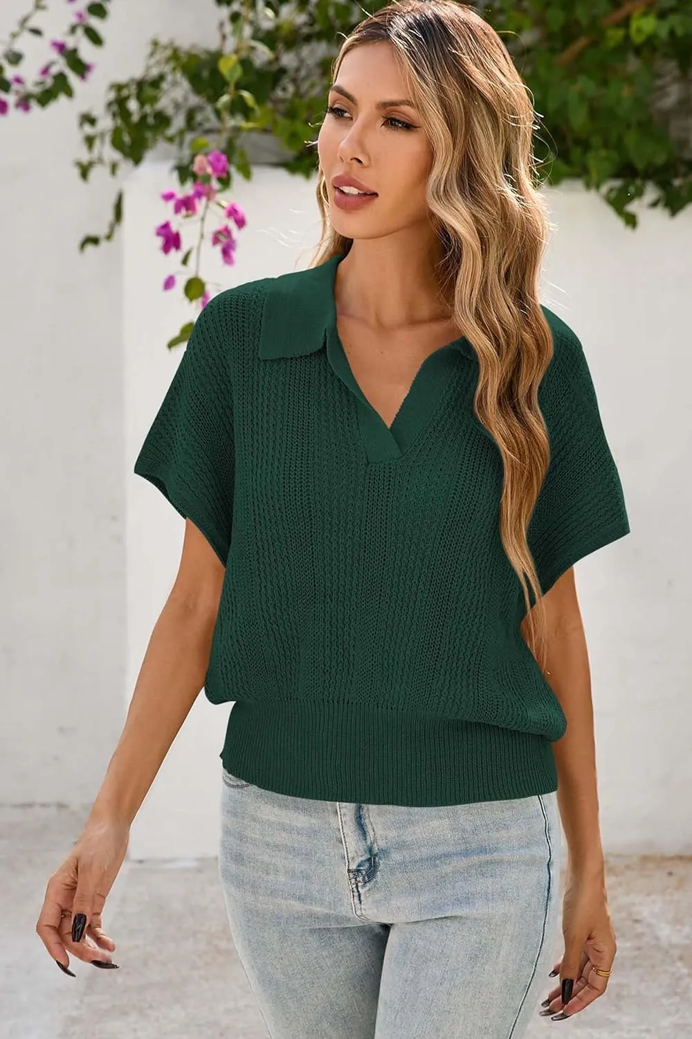 Cakulo Spring Summer Crochet Tops for Women 2025 Crop Knit Short Sleeve Polo V Neck Collared Hollow Out Sweater Top