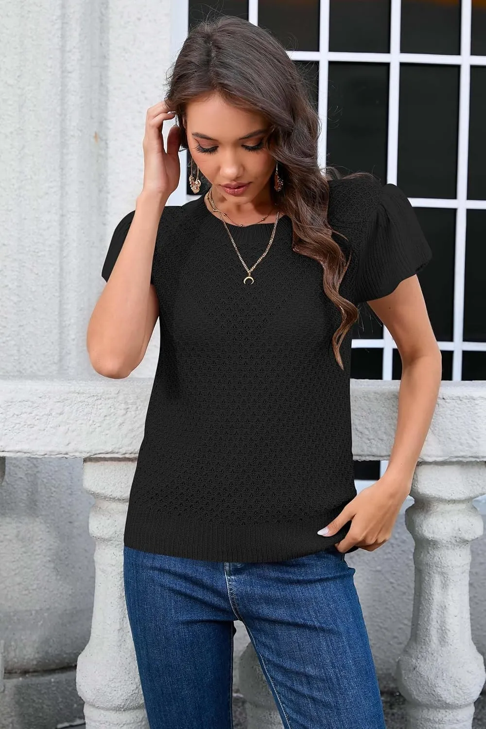 Cakulo Summer Crochet Tops for Women Ruffle Cap Short Sleeve Crew Neck Knit Hollow Out Casual Spring Sweater Top