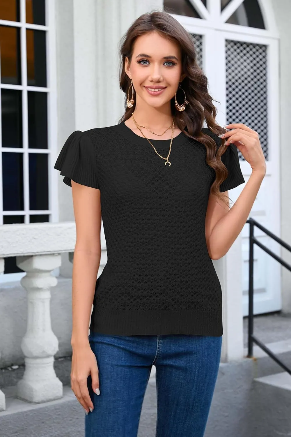 Cakulo Summer Crochet Tops for Women Ruffle Cap Short Sleeve Crew Neck Knit Hollow Out Casual Spring Sweater Top