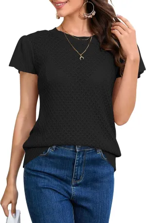 Cakulo Summer Crochet Tops for Women Ruffle Cap Short Sleeve Crew Neck Knit Hollow Out Casual Spring Sweater Top