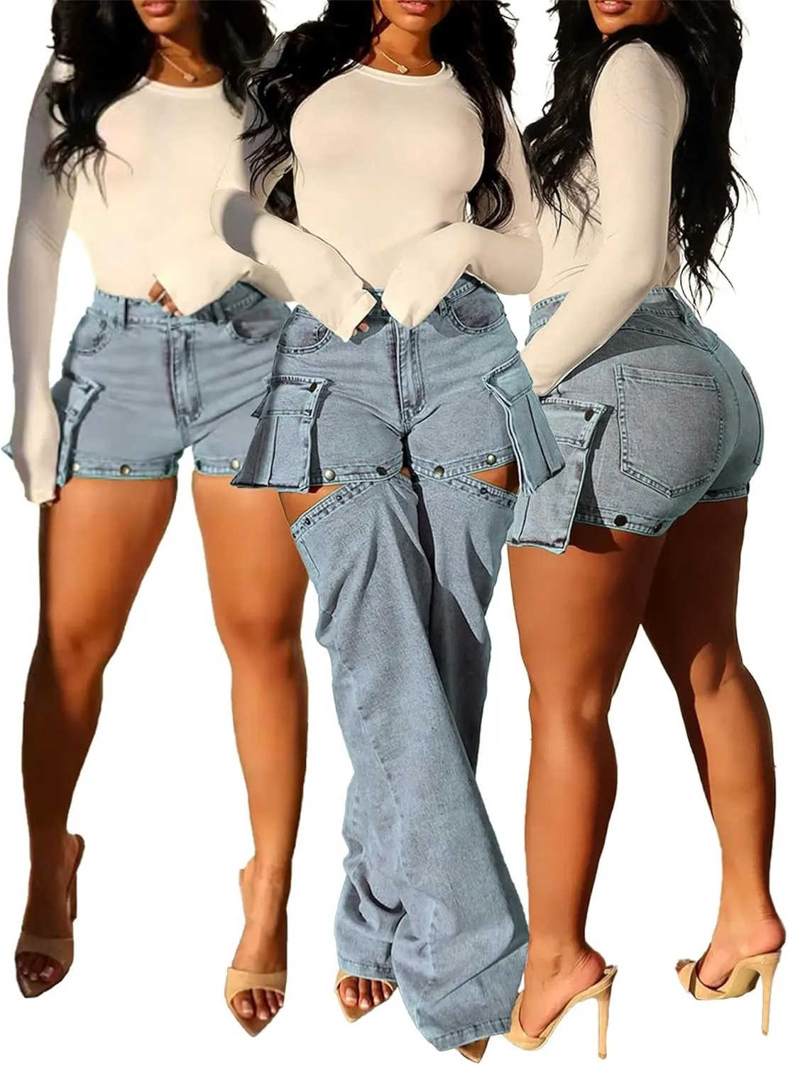 Cargo Jeans for Women High Waisted Baggy Convertible Jeans Y2K Straight Leg Detachable Jean Shorts Streetwear