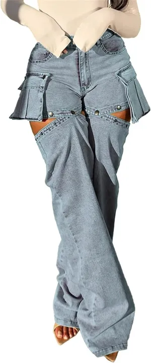 Cargo Jeans for Women High Waisted Baggy Convertible Jeans Y2K Straight Leg Detachable Jean Shorts Streetwear