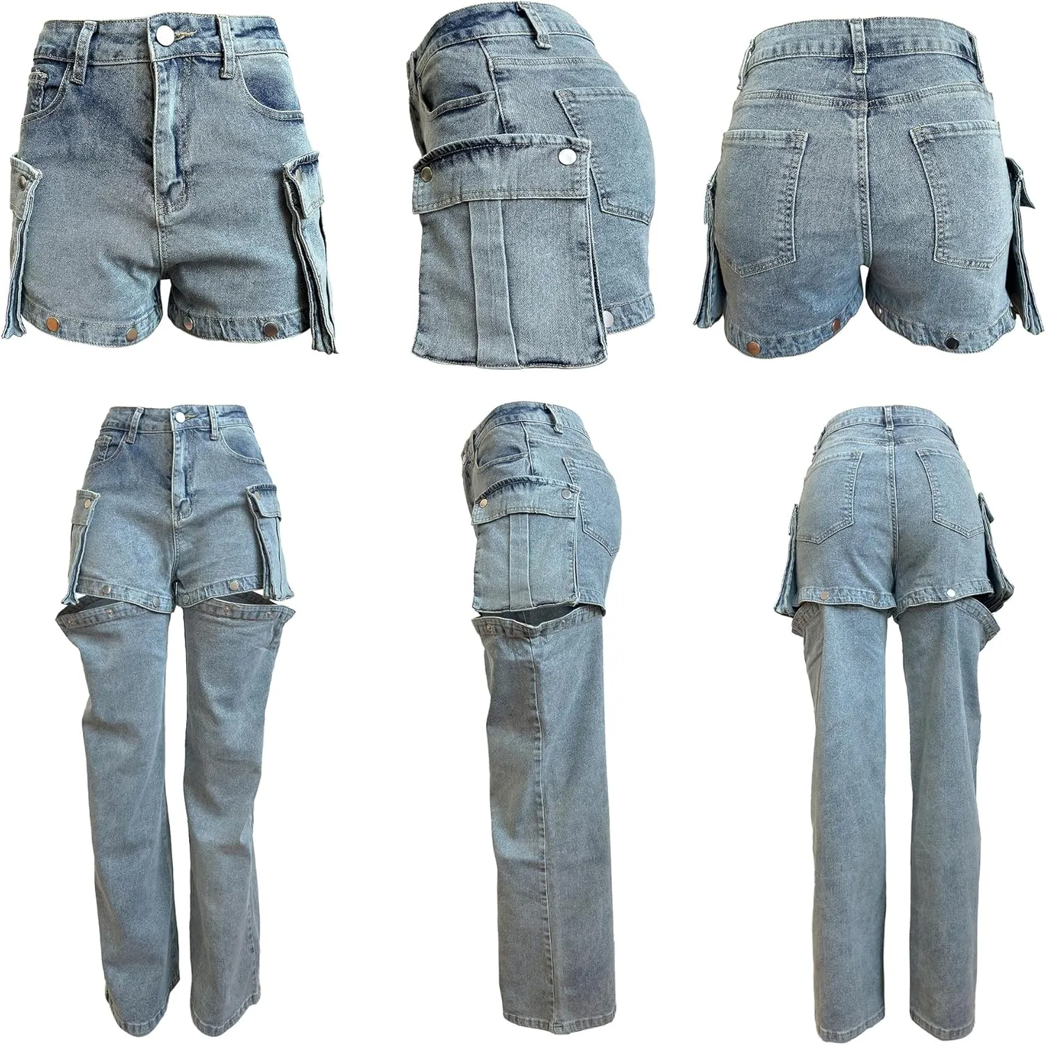 Cargo Jeans for Women High Waisted Baggy Convertible Jeans Y2K Straight Leg Detachable Jean Shorts Streetwear
