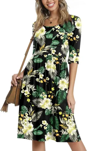 CATHY Women's 3/4 Sleeve 2025 Casual High Waist Round Neck Midi Dress with Pockets