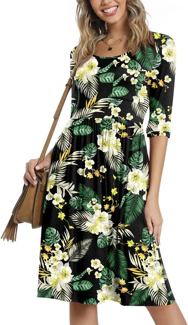 CATHY Women's 3/4 Sleeve 2025 Casual High Waist Round Neck Midi Dress with Pockets