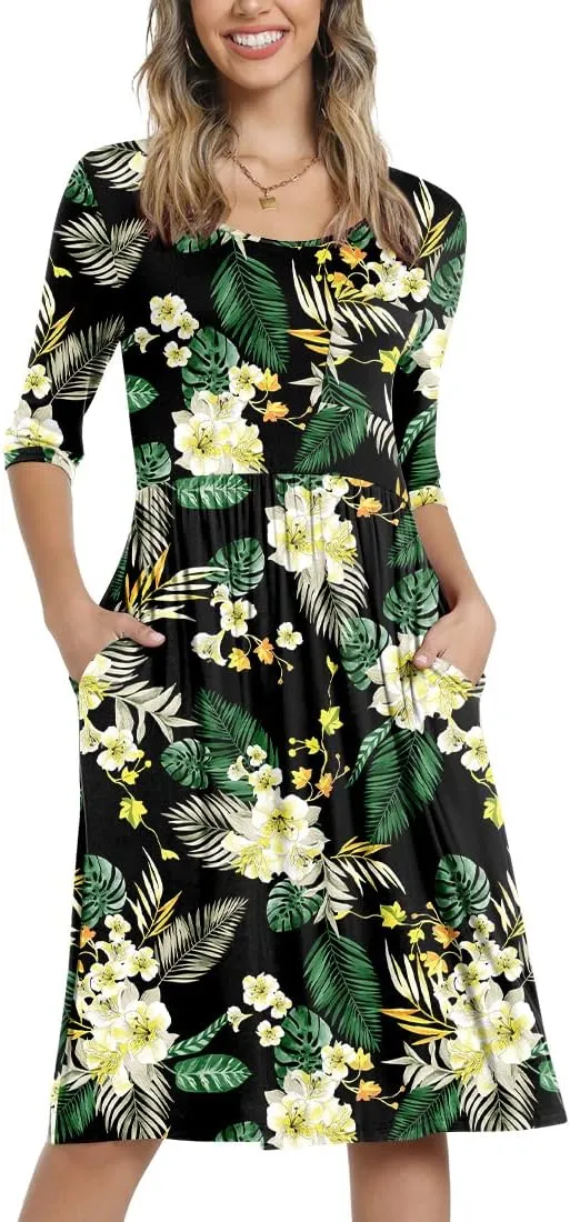 CATHY Women's 3/4 Sleeve 2025 Casual High Waist Round Neck Midi Dress with Pockets