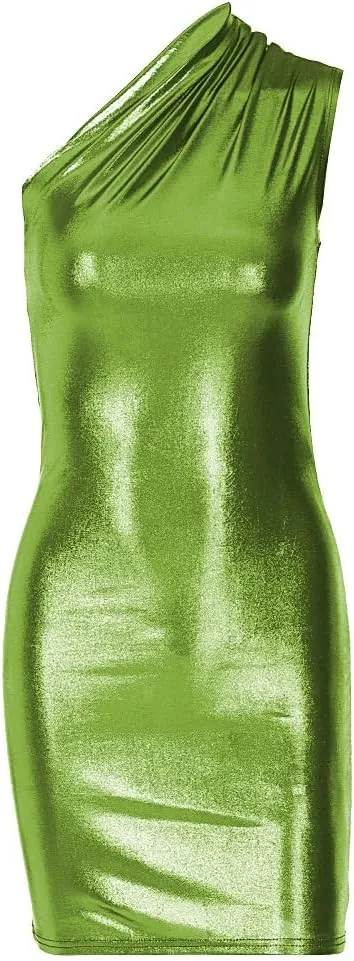 ccisppal Womens One Shoulder Shiny Ruched Bodycon Cocktail Sleeveless Metallic Dress Party Wedding Summer Dresses 2023