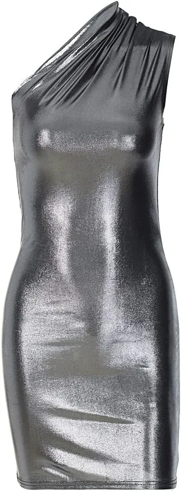 ccisppal Womens One Shoulder Shiny Ruched Bodycon Cocktail Sleeveless Metallic Dress Party Wedding Summer Dresses 2023