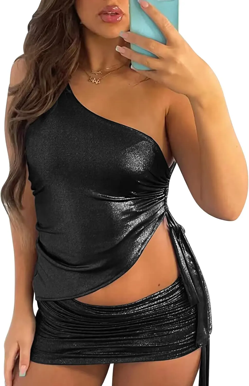 ccisppal Womens One Shoulder Shiny Ruched Bodycon Cocktail Sleeveless Metallic Dress Party Wedding Summer Dresses 2023