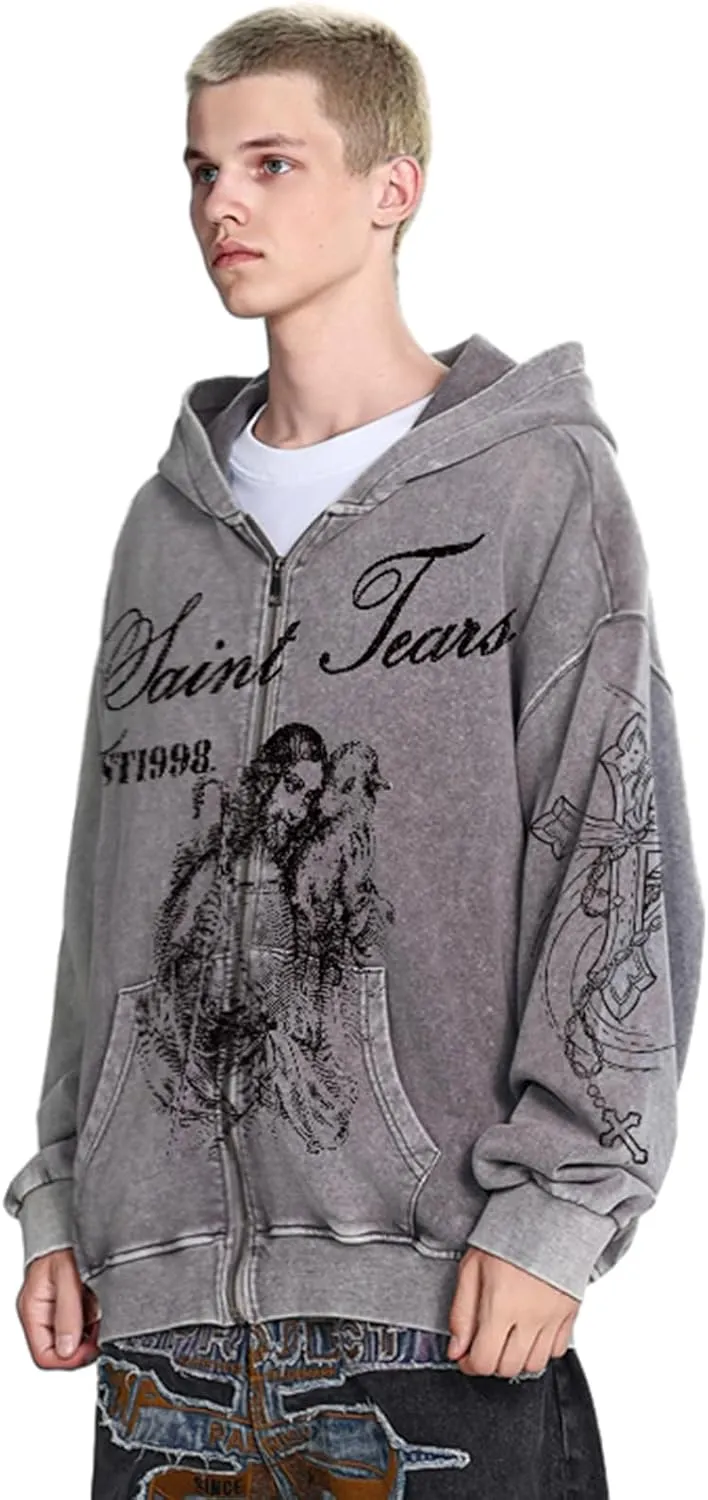 Chainsaw Man Mens Streetwear Zip Up Hoodie Saint Graphic Long Sleeve Jacket with Pockets Casual Letter Print Sweatshirt