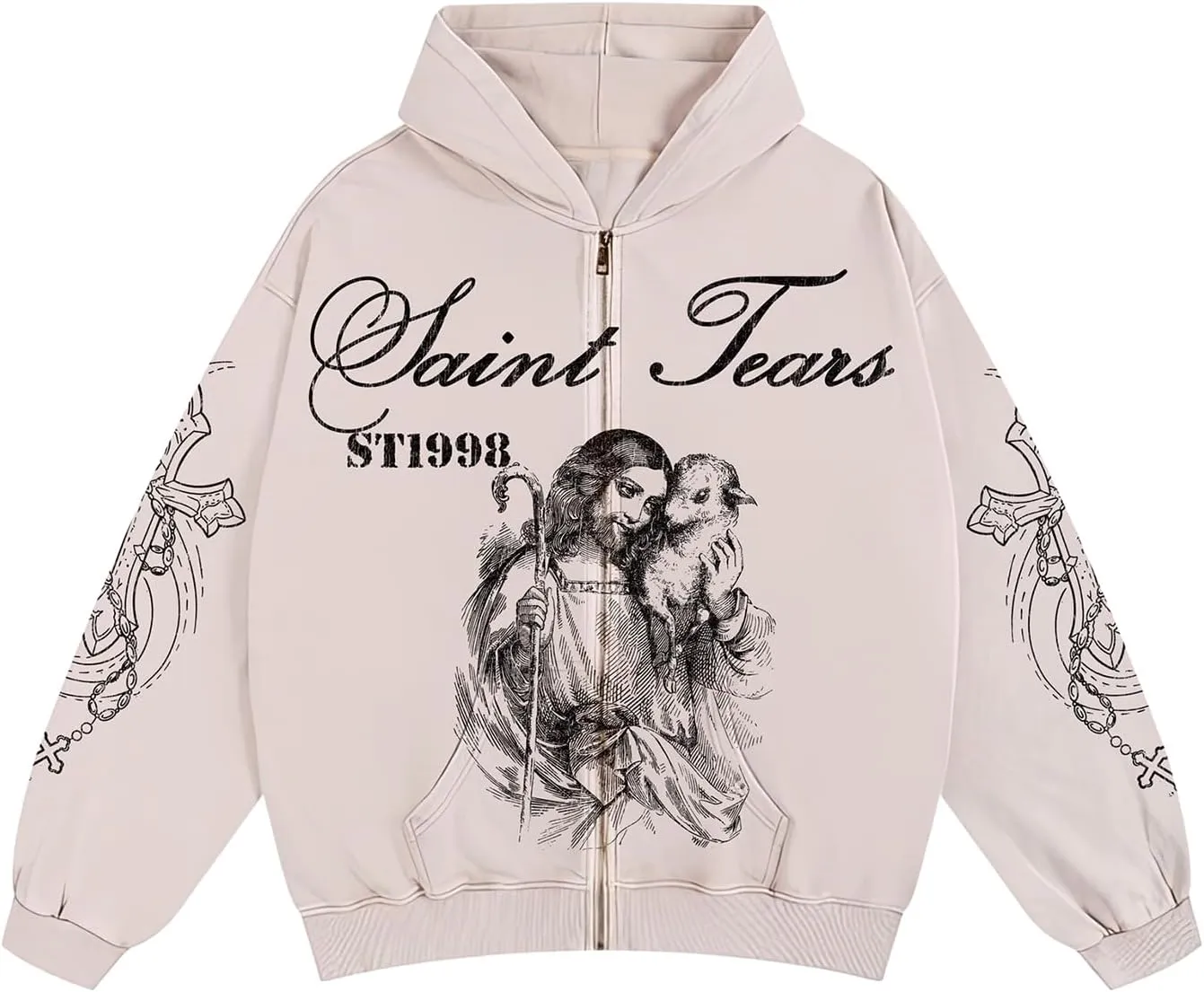 Chainsaw Man Mens Streetwear Zip Up Hoodie Saint Graphic Long Sleeve Jacket with Pockets Casual Letter Print Sweatshirt
