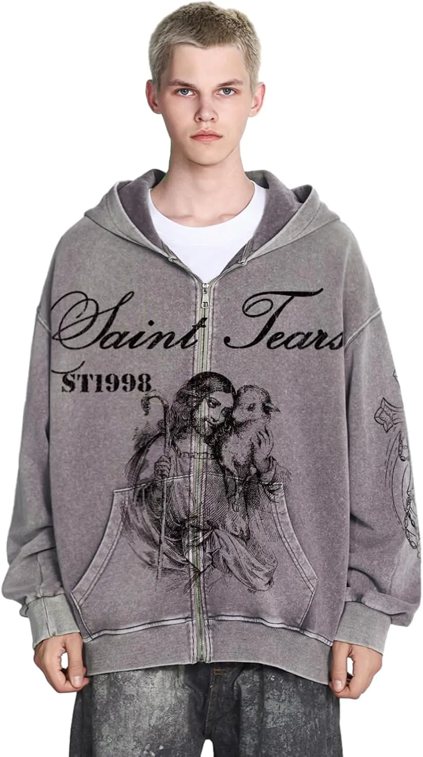 Chainsaw Man Mens Streetwear Zip Up Hoodie Saint Graphic Long Sleeve Jacket with Pockets Casual Letter Print Sweatshirt
