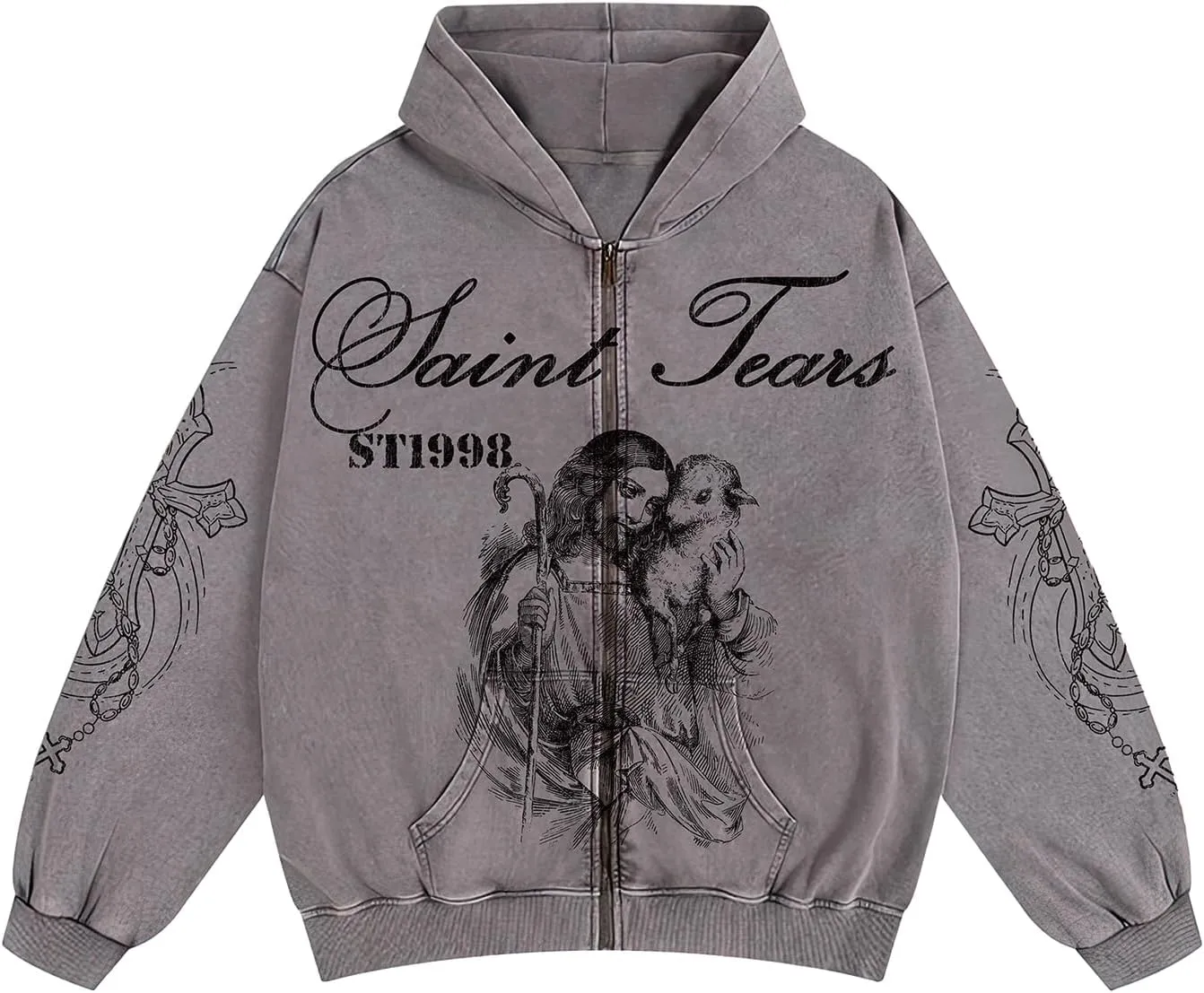 Chainsaw Man Mens Streetwear Zip Up Hoodie Saint Graphic Long Sleeve Jacket with Pockets Casual Letter Print Sweatshirt