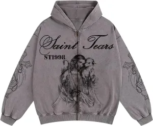 Chainsaw Man Mens Streetwear Zip Up Hoodie Saint Graphic Long Sleeve Jacket with Pockets Casual Letter Print Sweatshirt