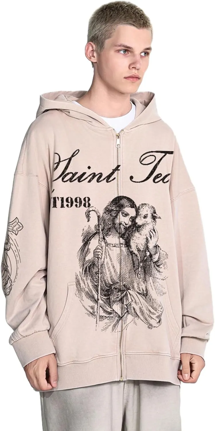 Chainsaw Man Mens Streetwear Zip Up Hoodie Saint Graphic Long Sleeve Jacket with Pockets Casual Letter Print Sweatshirt