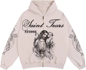Chainsaw Man Mens Streetwear Zip Up Hoodie Saint Graphic Long Sleeve Jacket with Pockets Casual Letter Print Sweatshirt