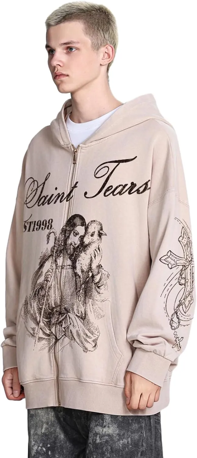 Chainsaw Man Mens Streetwear Zip Up Hoodie Saint Graphic Long Sleeve Jacket with Pockets Casual Letter Print Sweatshirt