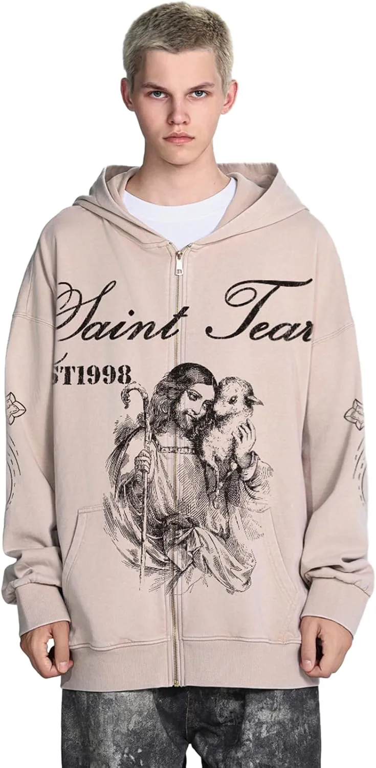 Chainsaw Man Mens Streetwear Zip Up Hoodie Saint Graphic Long Sleeve Jacket with Pockets Casual Letter Print Sweatshirt