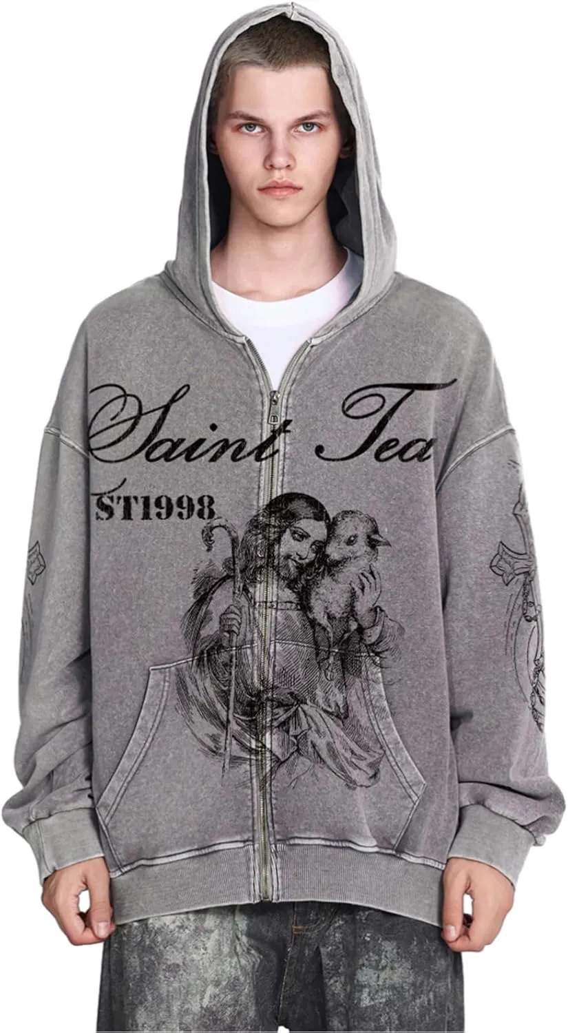 Chainsaw Man Mens Streetwear Zip Up Hoodie Saint Graphic Long Sleeve Jacket with Pockets Casual Letter Print Sweatshirt