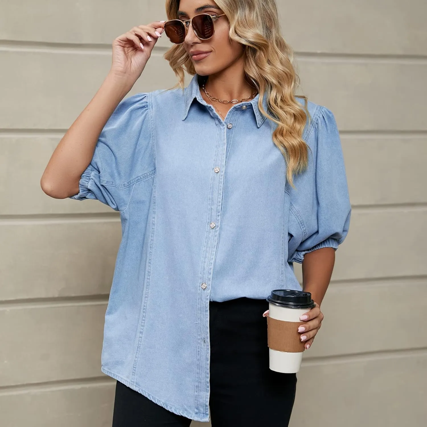 chouyatou Women's Summer Puff Sleeve Denim Shirt Business Casual Tops Lightweight Jean Blouse