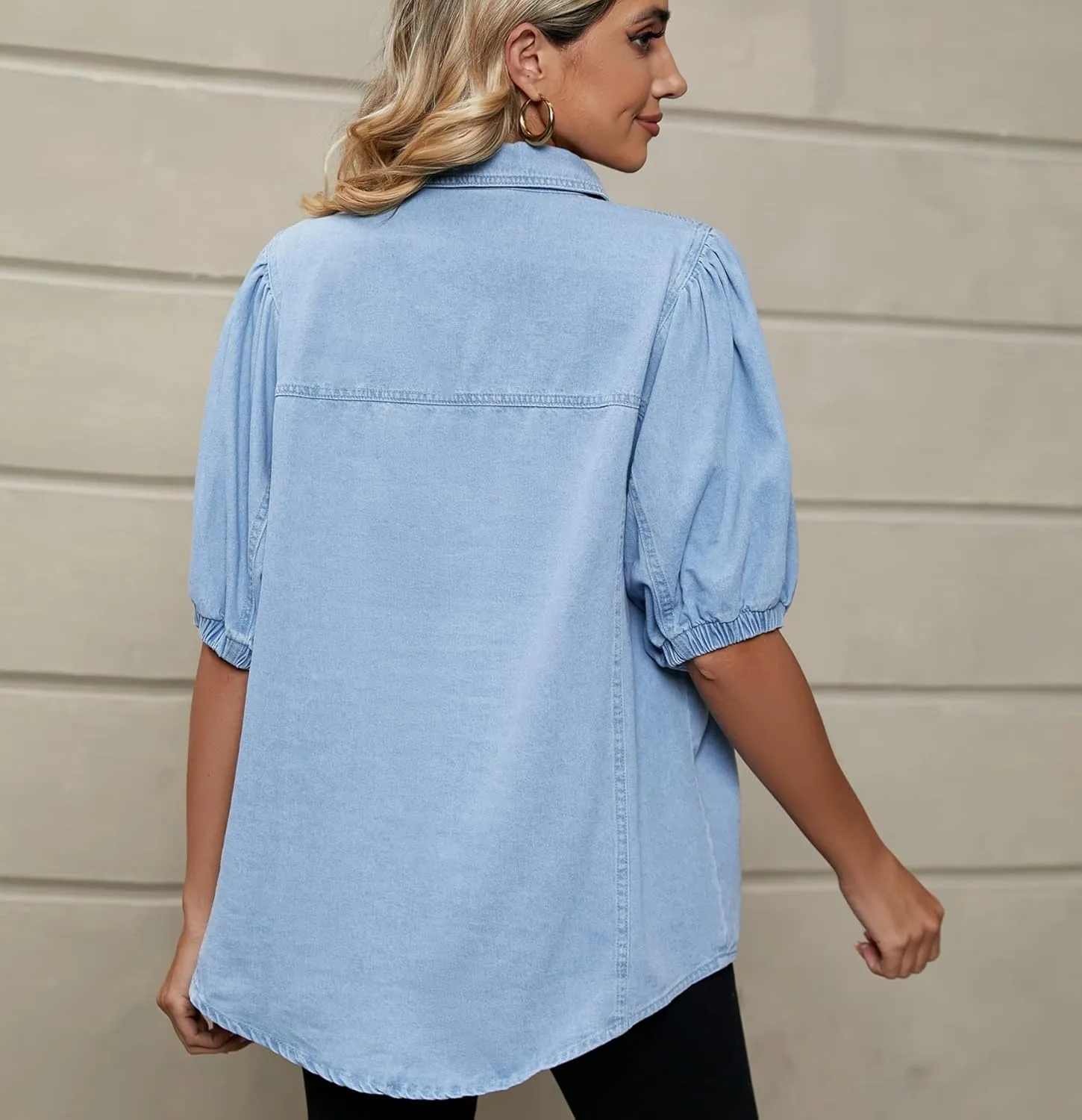 chouyatou Women's Summer Puff Sleeve Denim Shirt Business Casual Tops Lightweight Jean Blouse