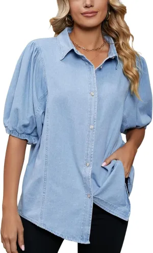 chouyatou Women's Summer Puff Sleeve Denim Shirt Business Casual Tops Lightweight Jean Blouse
