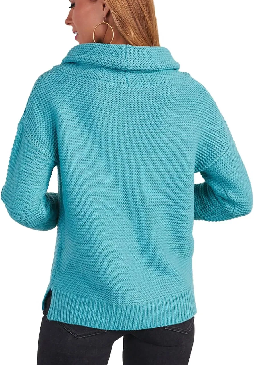 cordat Women's Long Sleeve Turtleneck Cozy Knit Sweater Casual Loose Side Slit Pullover Jumper Tops