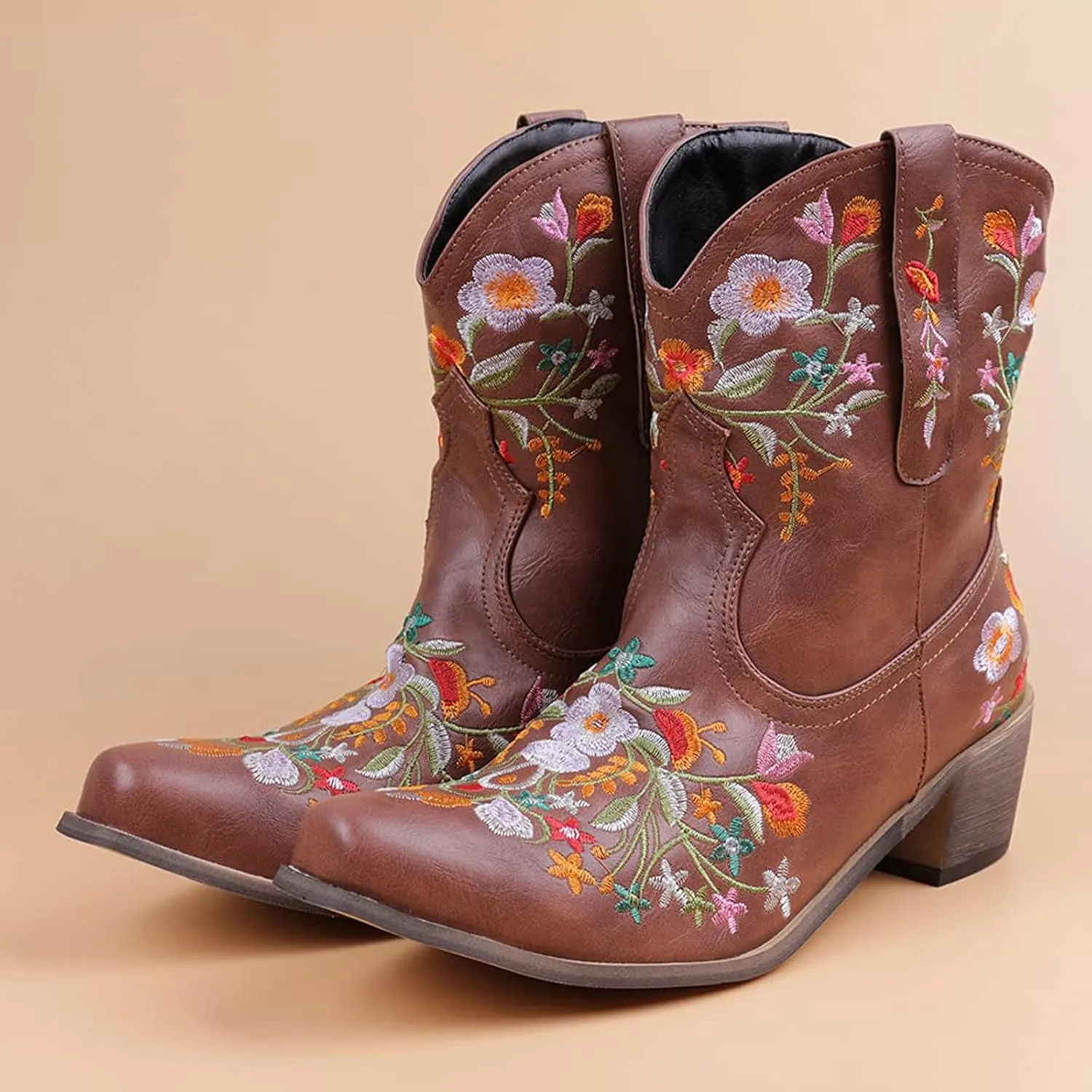 Cowboy Boots for Women Cowgirl Booties for Women Retro Western Mid Calf Chunky Heel Pointed Toe Embroidered Pull on