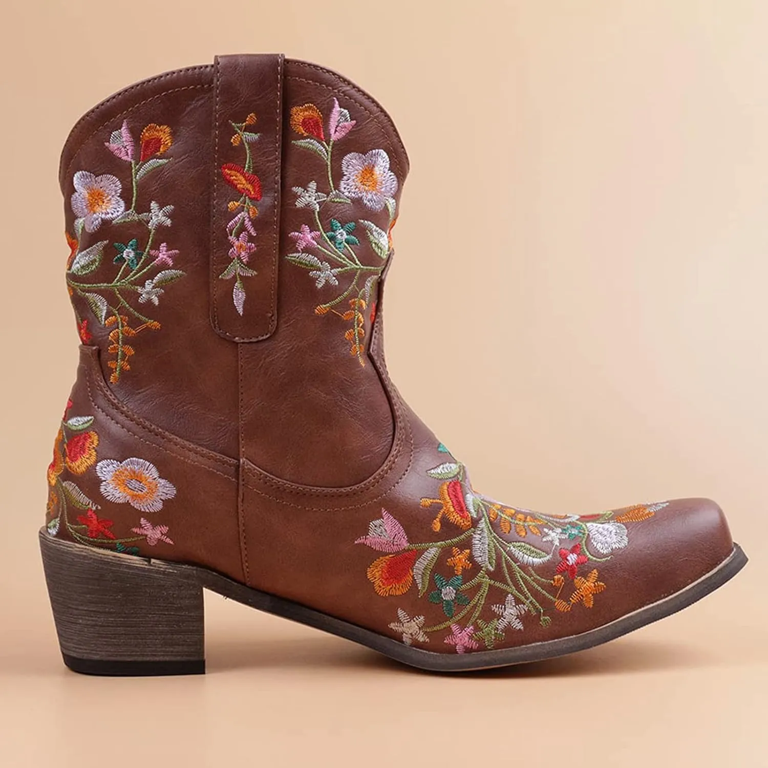 Cowboy Boots for Women Cowgirl Booties for Women Retro Western Mid Calf Chunky Heel Pointed Toe Embroidered Pull on