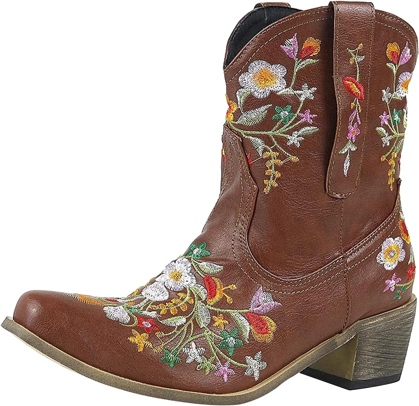 Cowboy Boots for Women Cowgirl Booties for Women Retro Western Mid Calf Chunky Heel Pointed Toe Embroidered Pull on