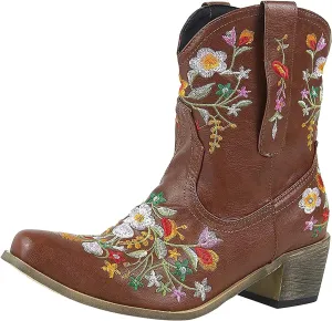 Cowboy Boots for Women Cowgirl Booties for Women Retro Western Mid Calf Chunky Heel Pointed Toe Embroidered Pull on