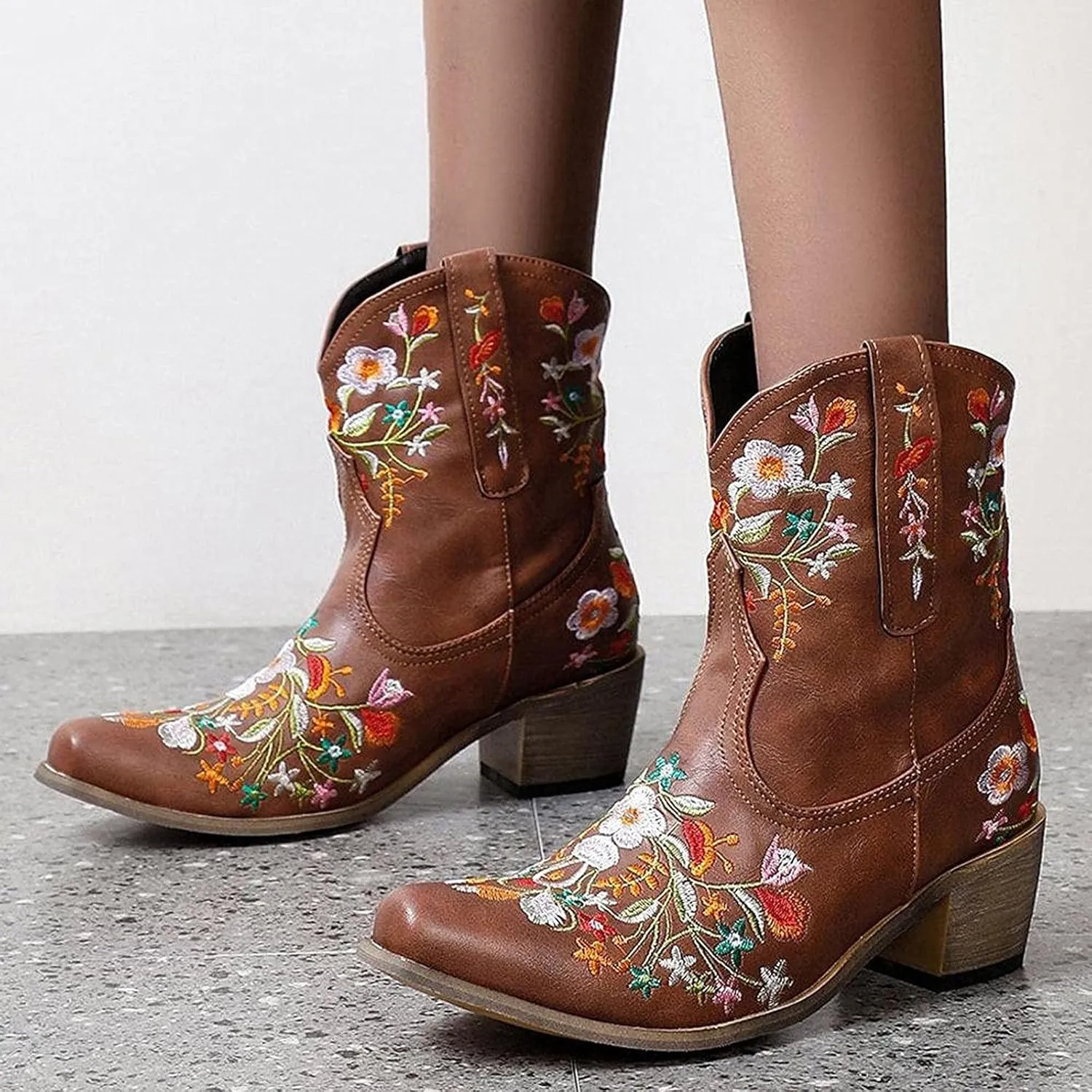 Cowboy Boots for Women Cowgirl Booties for Women Retro Western Mid Calf Chunky Heel Pointed Toe Embroidered Pull on