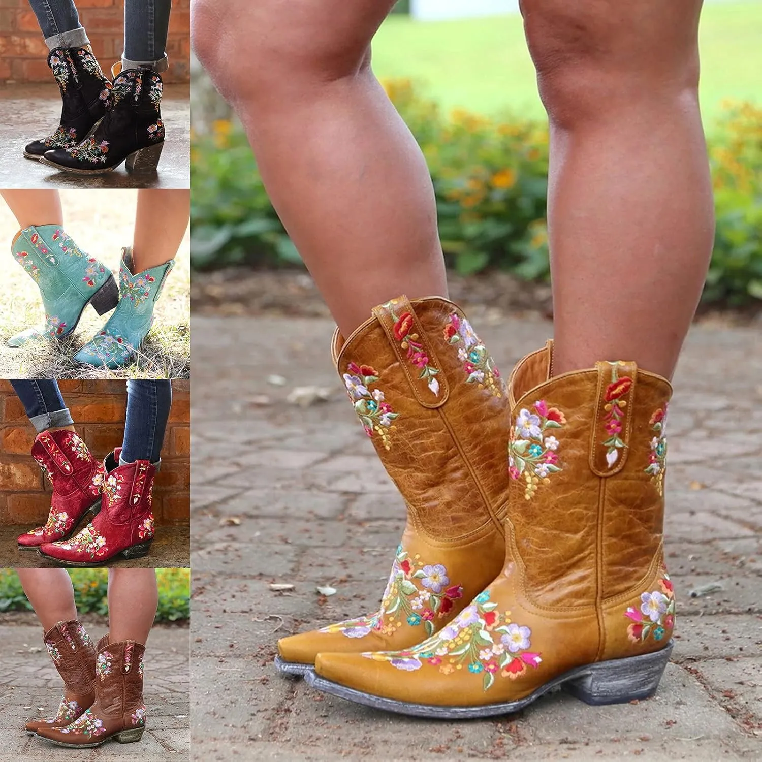 Cowboy Boots for Women Cowgirl Booties for Women Retro Western Mid Calf Chunky Heel Pointed Toe Embroidered Pull on