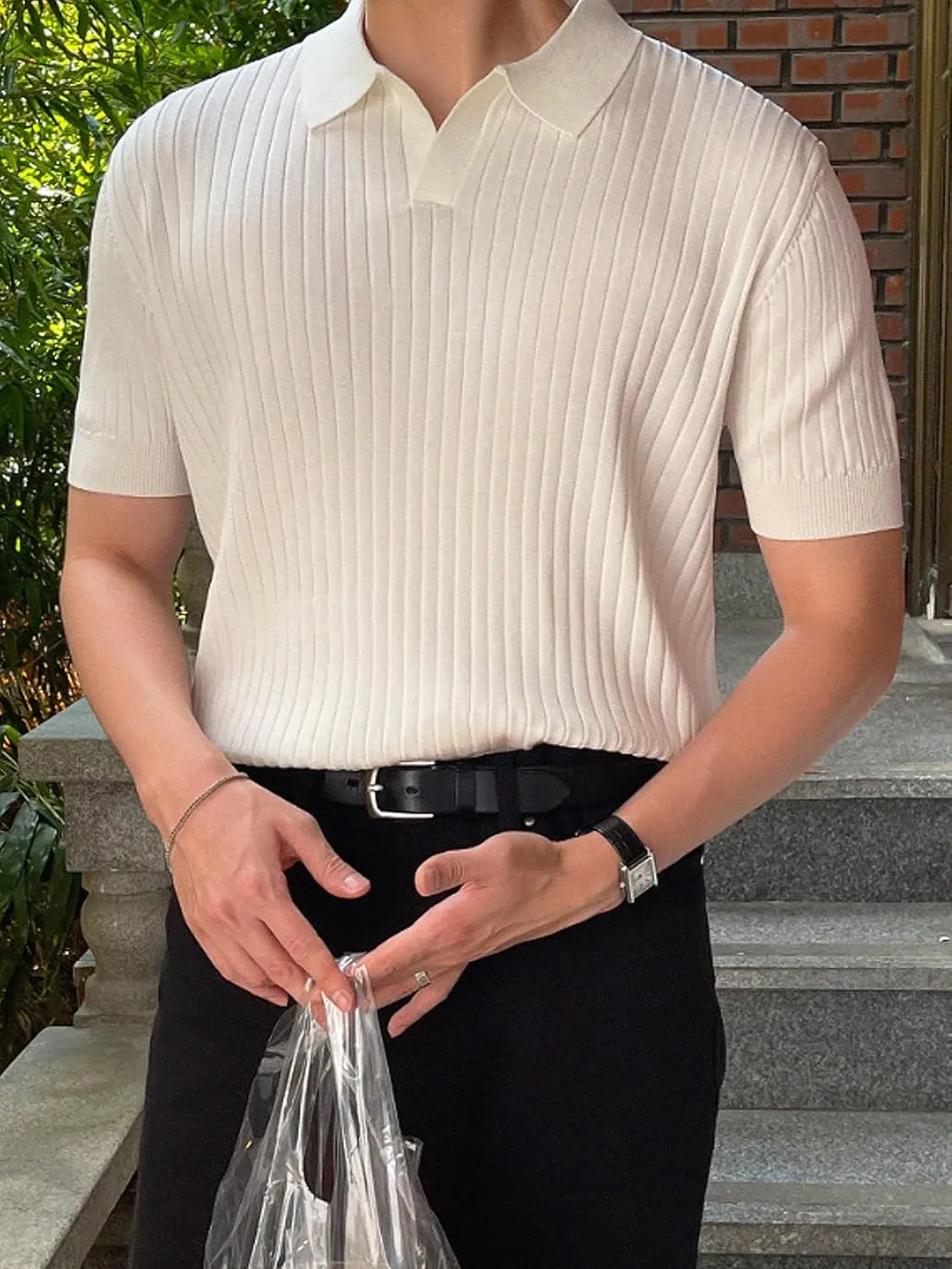 COZYEASE Men's Ribbed Knit Top V Neck Short Sleeve T Shirt Casual Plain Solid Tees Top Shirt