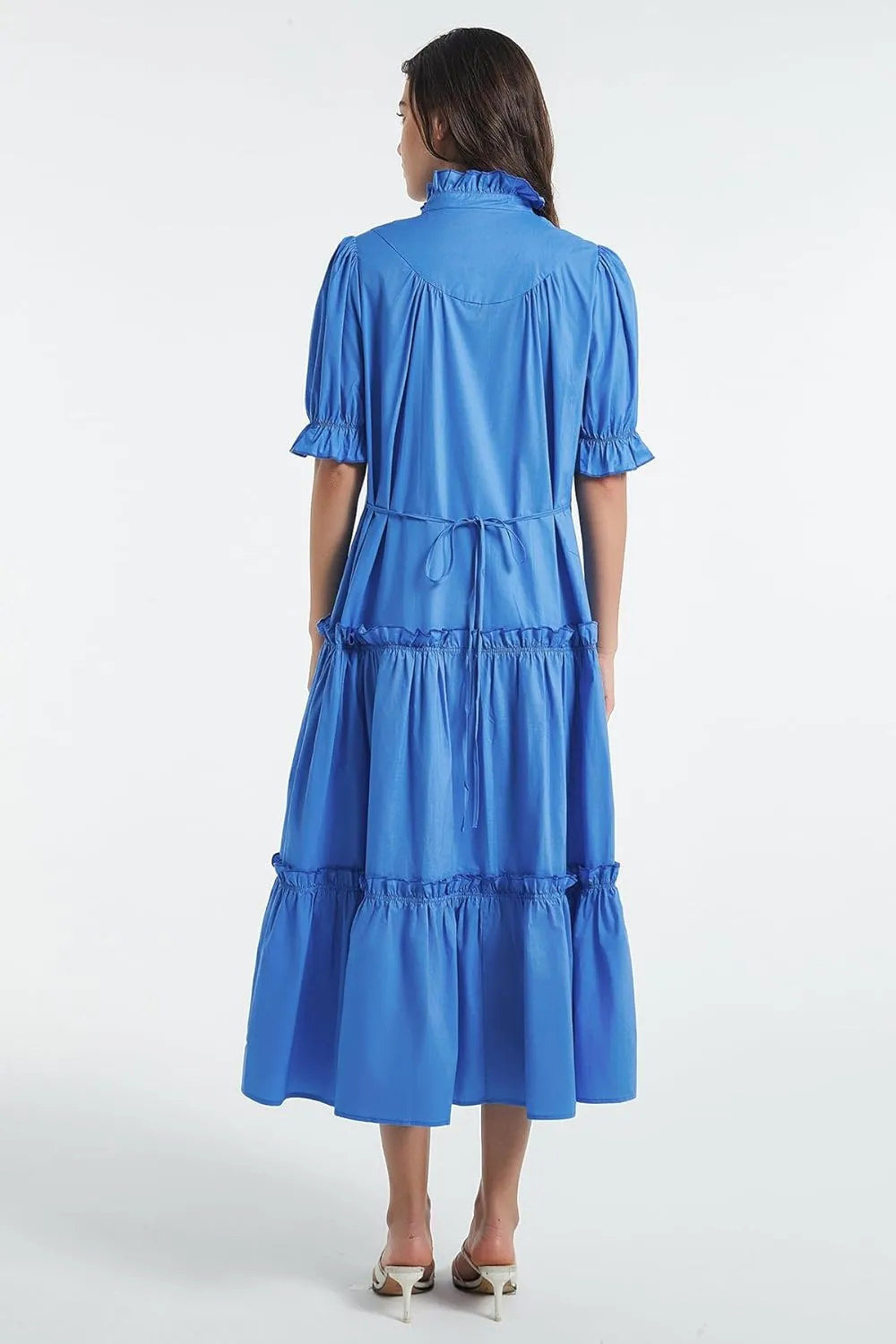 D-Sun Women Casual Button Down Maxi Dress Short Puff Sleeves Stand Collar Tiered Elegant Flowy Swing Long Dress with Tie