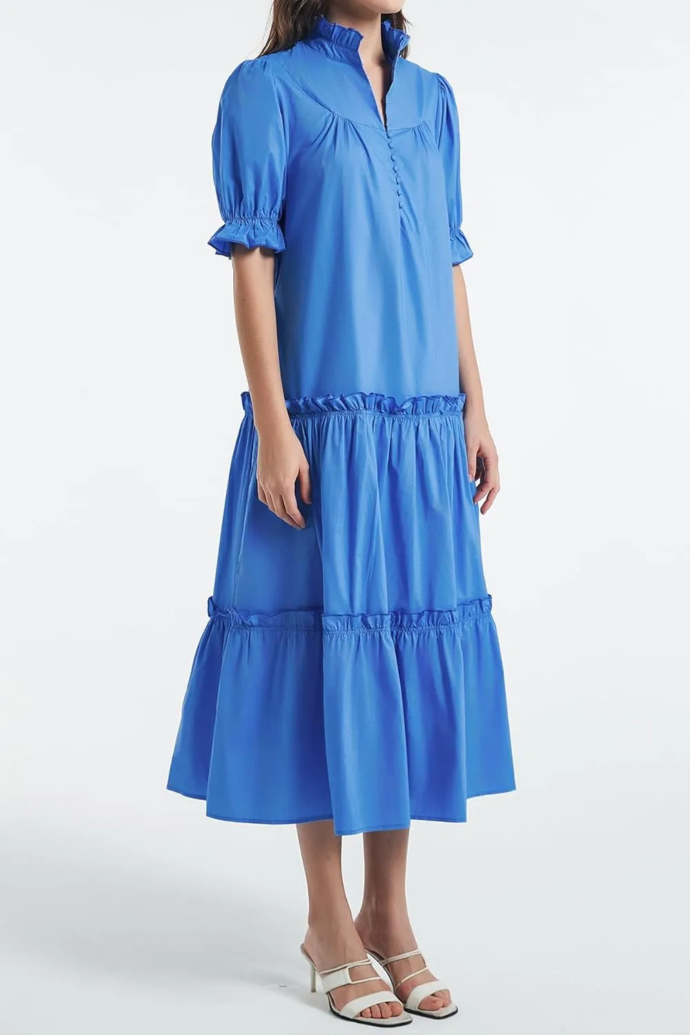 D-Sun Women Casual Button Down Maxi Dress Short Puff Sleeves Stand Collar Tiered Elegant Flowy Swing Long Dress with Tie