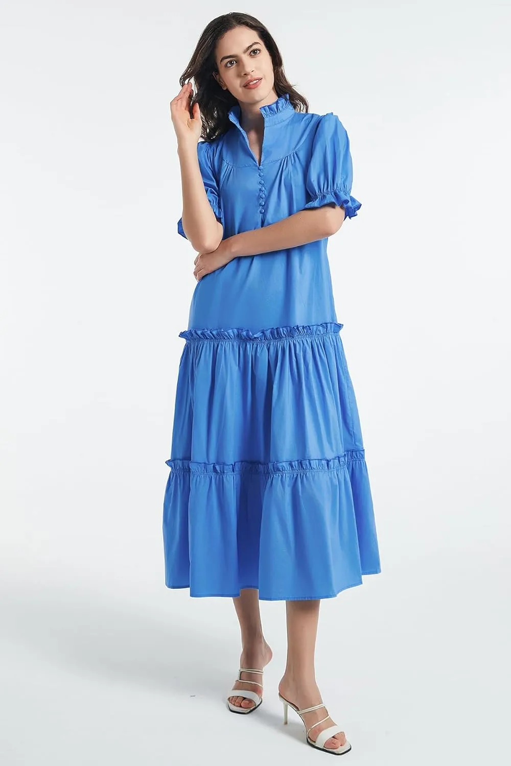 D-Sun Women Casual Button Down Maxi Dress Short Puff Sleeves Stand Collar Tiered Elegant Flowy Swing Long Dress with Tie