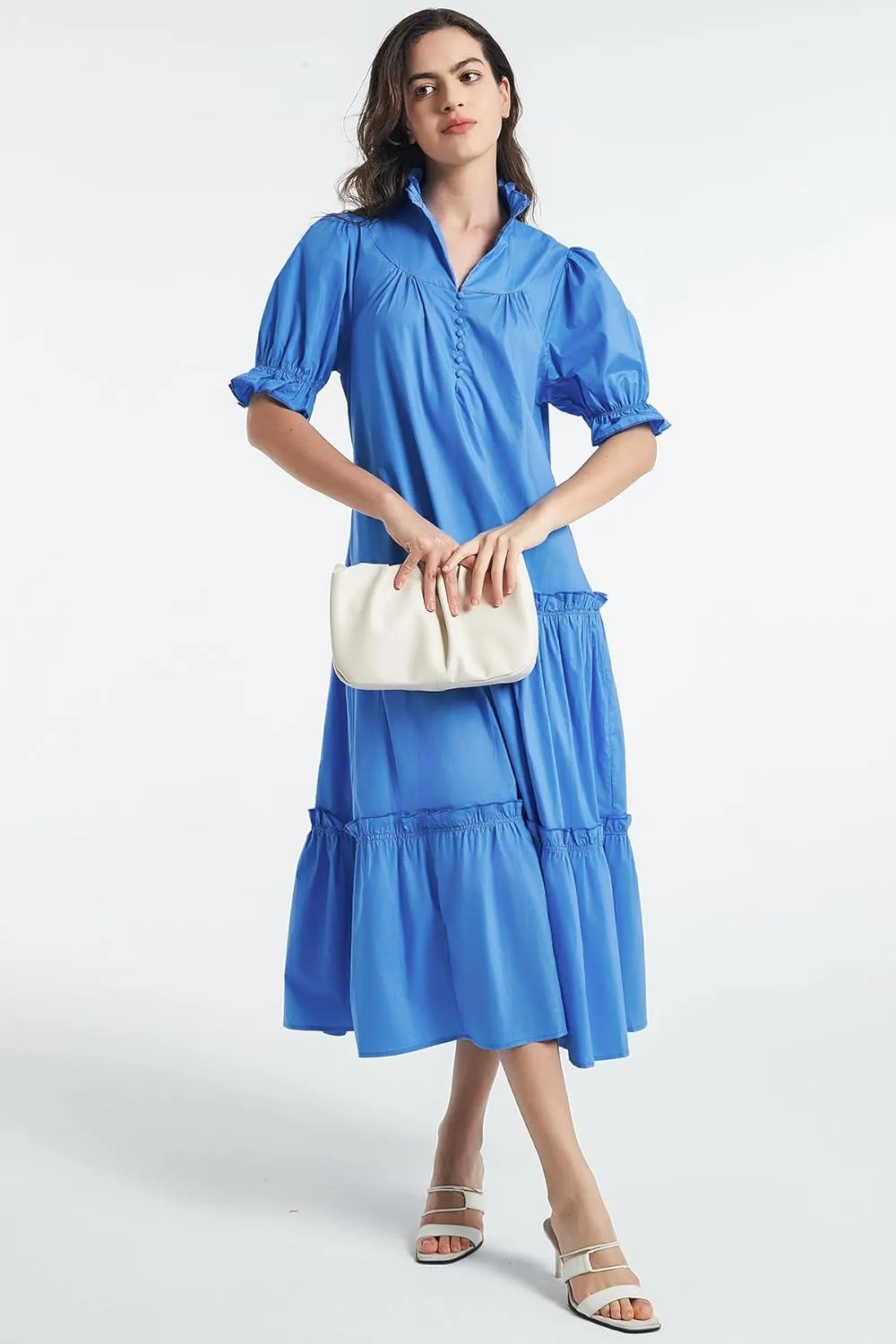 D-Sun Women Casual Button Down Maxi Dress Short Puff Sleeves Stand Collar Tiered Elegant Flowy Swing Long Dress with Tie