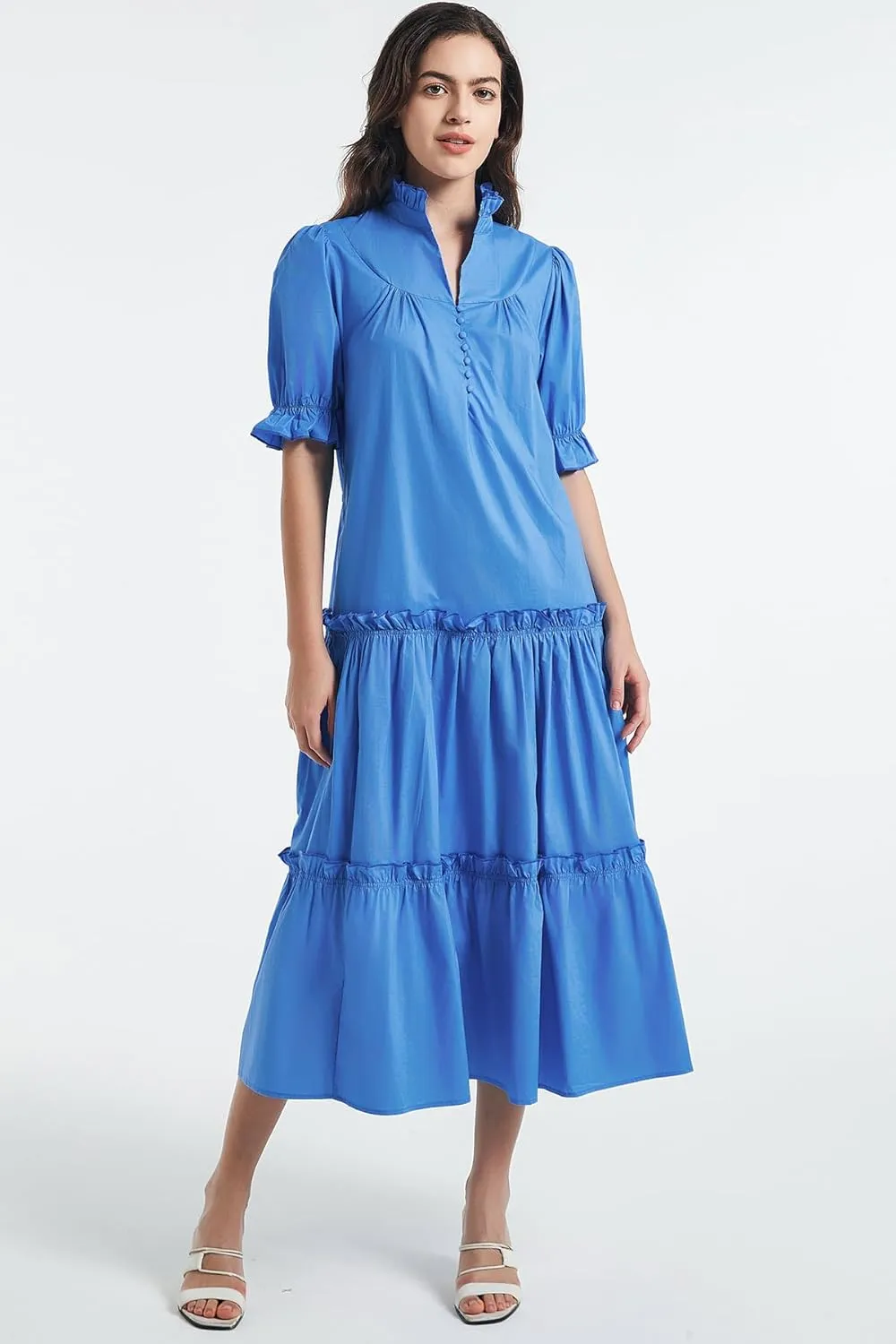 D-Sun Women Casual Button Down Maxi Dress Short Puff Sleeves Stand Collar Tiered Elegant Flowy Swing Long Dress with Tie