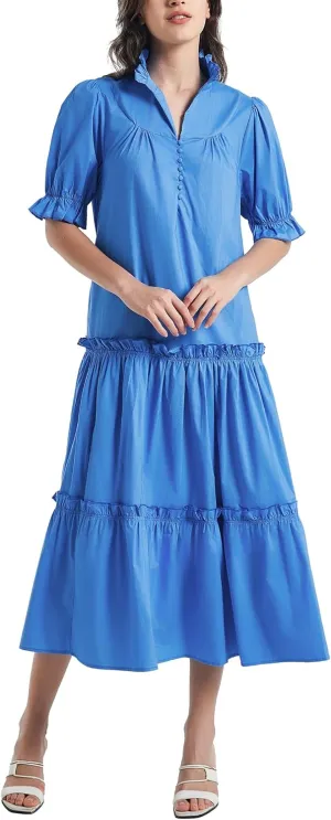 D-Sun Women Casual Button Down Maxi Dress Short Puff Sleeves Stand Collar Tiered Elegant Flowy Swing Long Dress with Tie